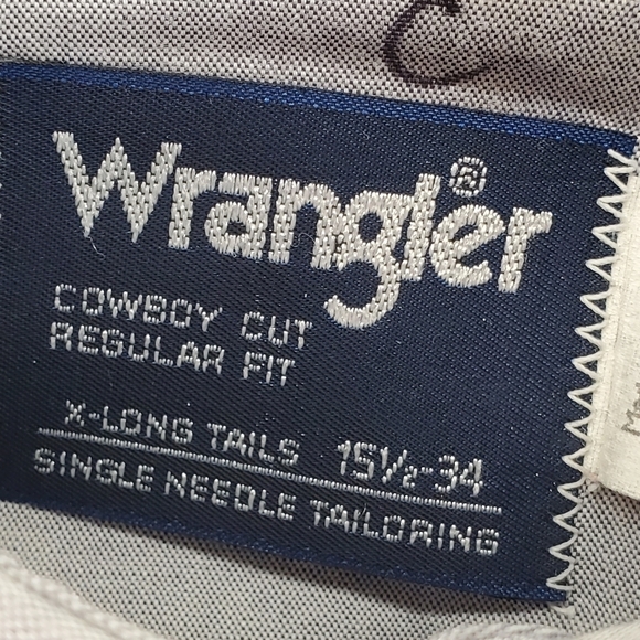 Vtg Wrangler Button Shirt Men 15.5 34 Chambray Gray Cowboy Cut X-Long Tails USA - Picture 2 of 12
